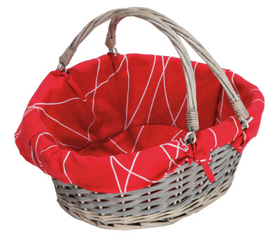 Rio wicker/peeled wood grey ceruse red fabric oval basket 36x30x12/15cm