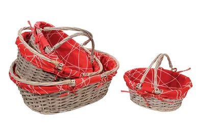 Image au survol de Rio wicker/peeled wood grey ceruse red fabric oval basket 54x40x16/20cm