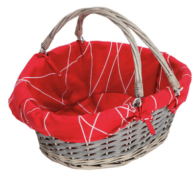 Rio wicker/peeled wood grey ceruse red fabric oval basket 33x26x10/13cm