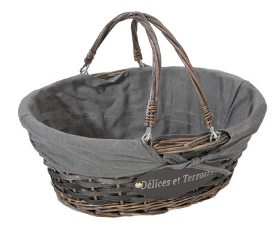 Maria wicker/peeled wood grey ceruse grey fabric oval basket 32x26x12cm