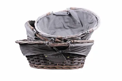 Image au survol de Maria wicker/peeled wood grey ceruse grey fabric oval basket 32x26x12cm