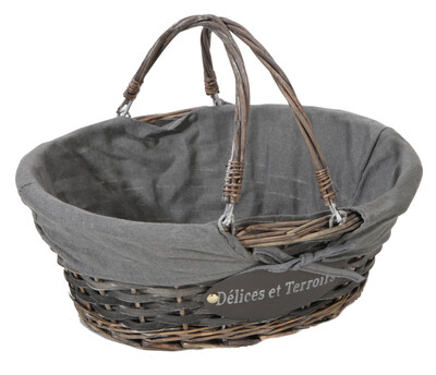 Panier Maria osier/bois déroulé cérusé gris tissu gris ovale 43x34x16cm