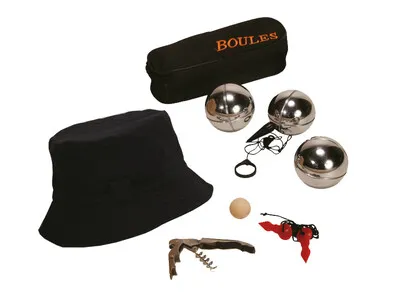 Image au survol de Coffret pétanque Léon 1 bouteille bois couvercle noir 6 pcs - Jaime la pétanque