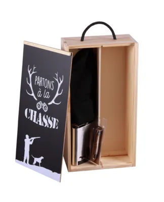 Image au survol de Coffret chasse Franquin 1 bouteille bois couvercle noir 3 pièces - Partons à la