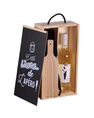 Image au survol de Thibaud Aperitif box 1 bottle wood black lid 3 pieces - C'est l'heure de l'apéro