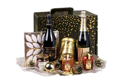 Image au survol de Petra festive black/gold cardboard gourmet suitcase 34.5x25.5x11.5cm - FSC7®