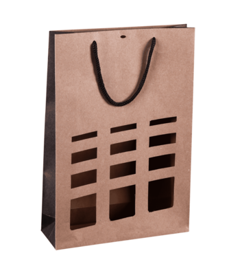 Elusa brown/black kraft paper bag 3 bottle windows