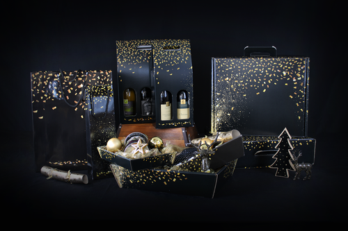 Product image Petra festive black/gold cardboard gourmet suitcase 34.5x25.5x11.5cm - FSC7®